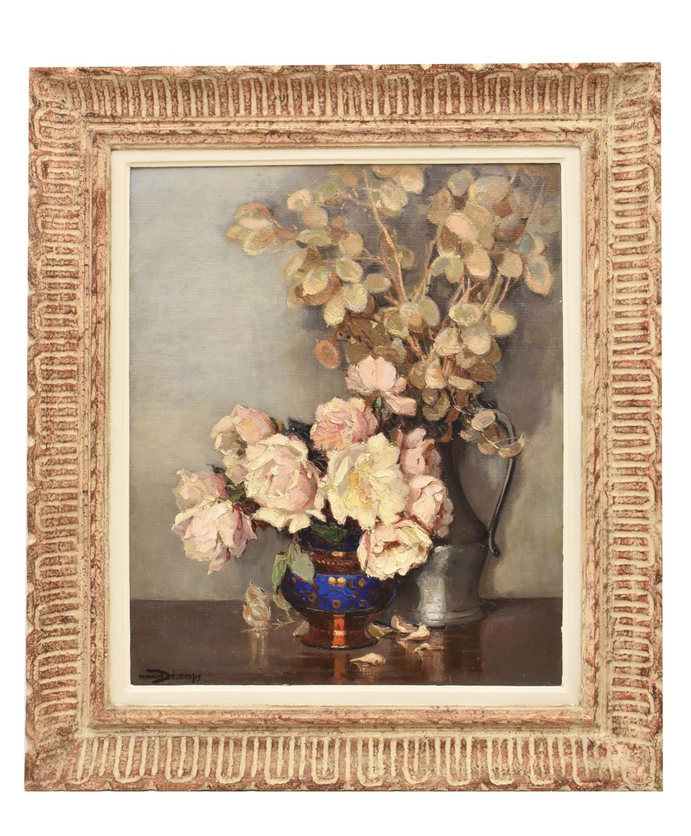 Art Deco Still Life Painting, Flowers Vase Painting, White Roses, Oil On Canvas, XXè. (qf664)