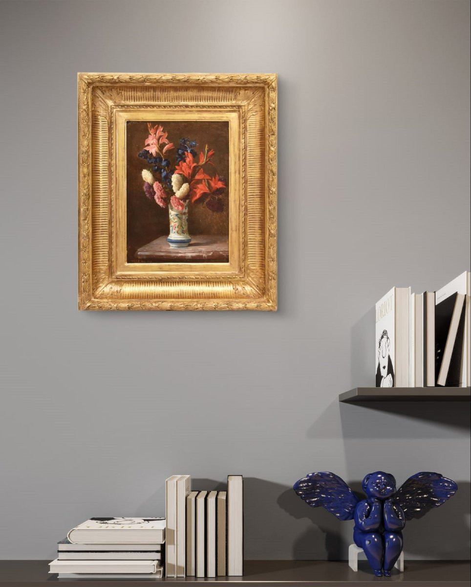 Tableaux Anciens, Nature Morte Aux Lys Et Dahlias, Huile Sur Panneau, XIX Siècle. (QF662)-photo-2