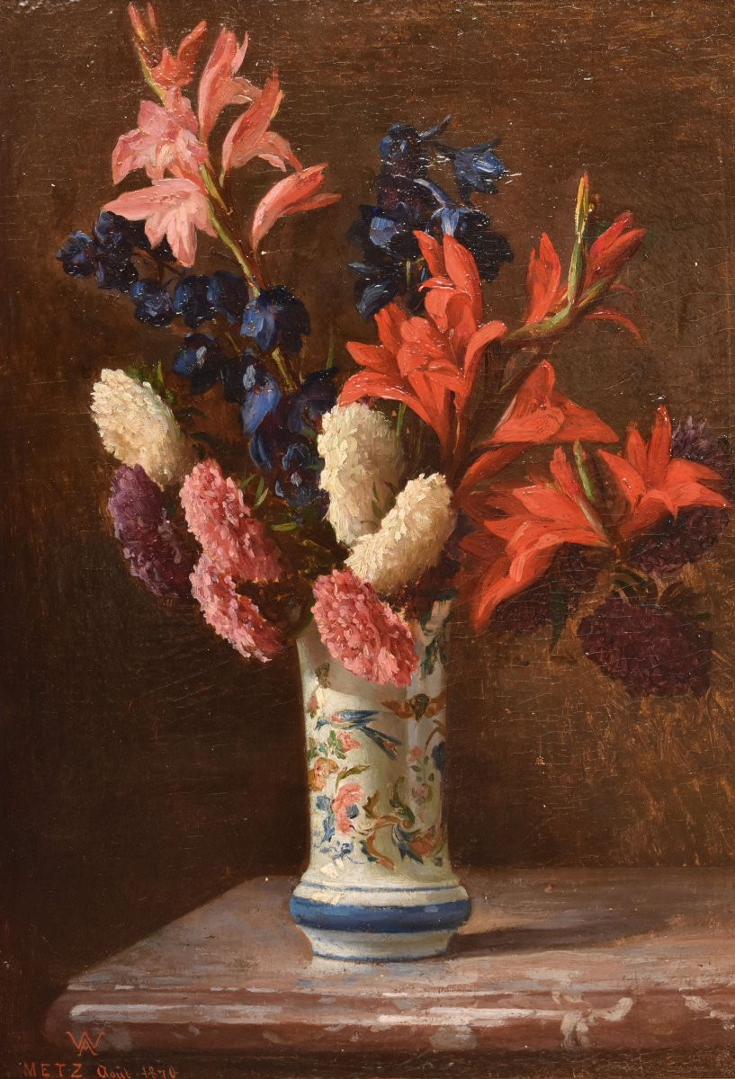 Tableaux Anciens, Nature Morte Aux Lys Et Dahlias, Huile Sur Panneau, XIX Siècle. (QF662)-photo-3