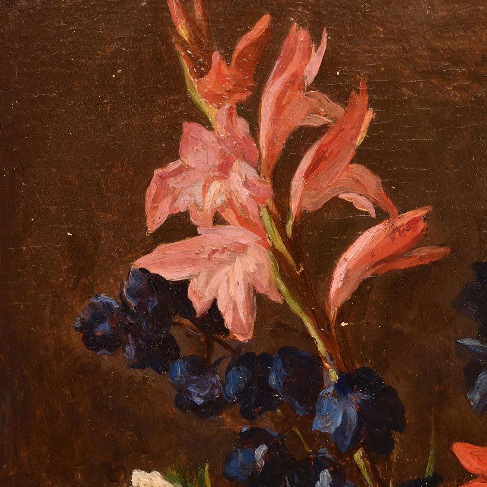 Tableaux Anciens, Nature Morte Aux Lys Et Dahlias, Huile Sur Panneau, XIX Siècle. (QF662)-photo-2