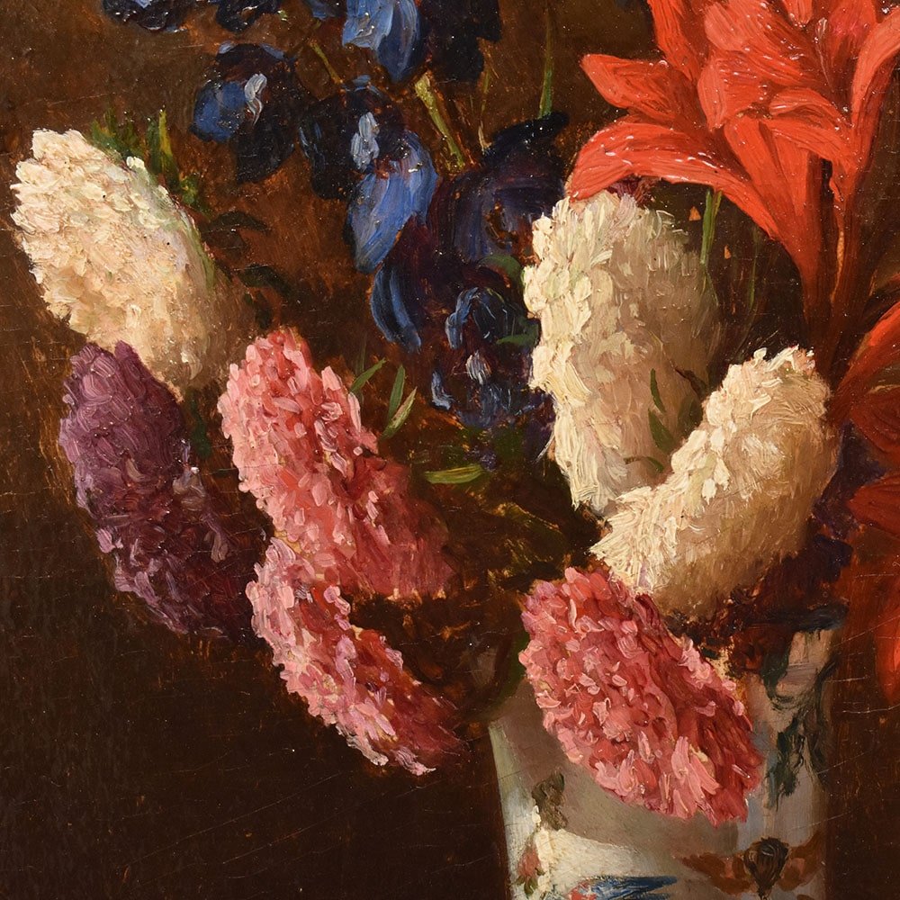 Tableaux Anciens, Nature Morte Aux Lys Et Dahlias, Huile Sur Panneau, XIX Siècle. (QF662)-photo-3