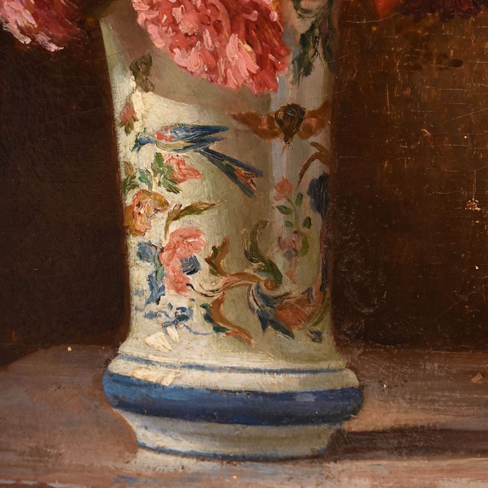 Tableaux Anciens, Nature Morte Aux Lys Et Dahlias, Huile Sur Panneau, XIX Siècle. (QF662)-photo-4