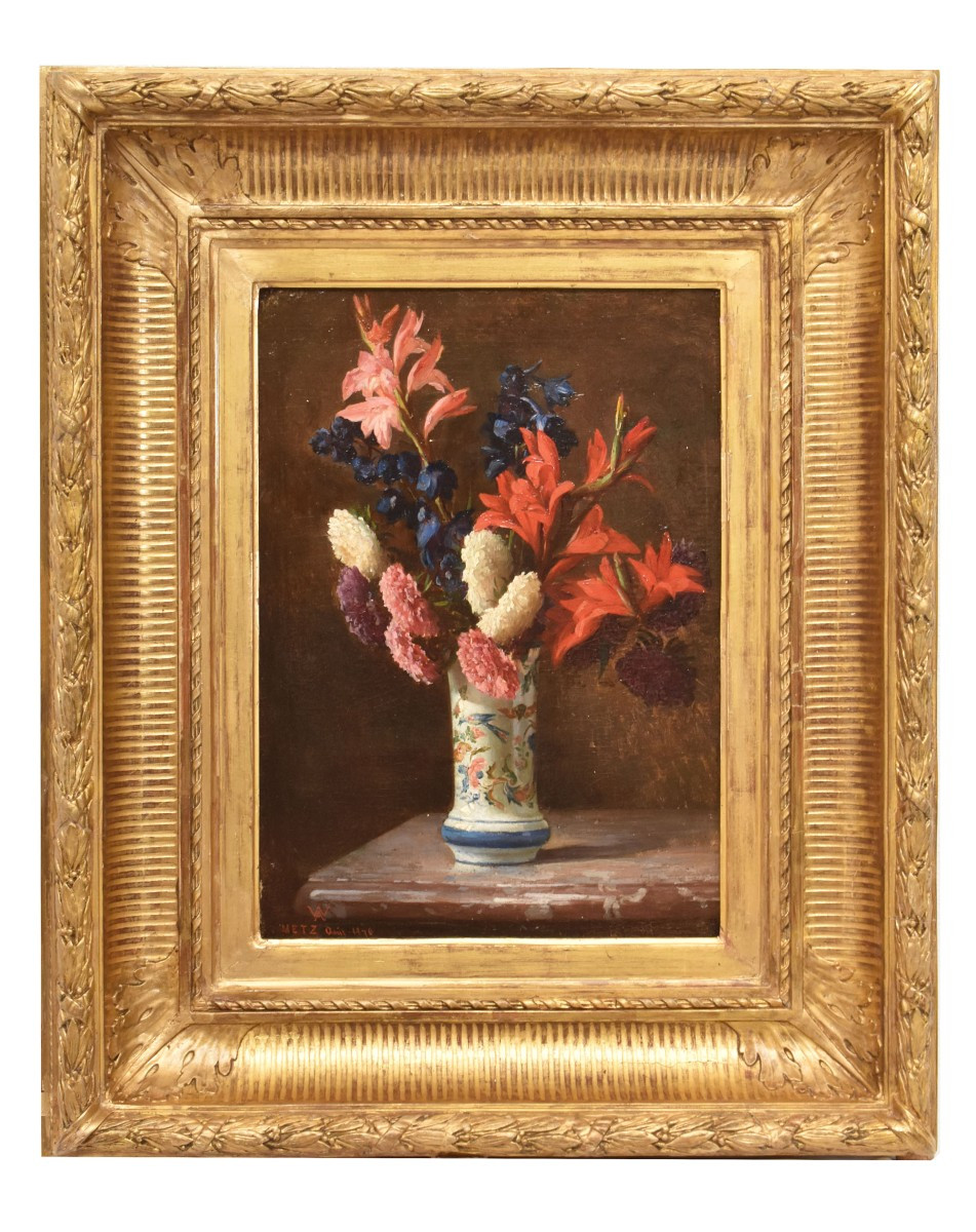 Tableaux Anciens, Nature Morte Aux Lys Et Dahlias, Huile Sur Panneau, XIX Siècle. (QF662)