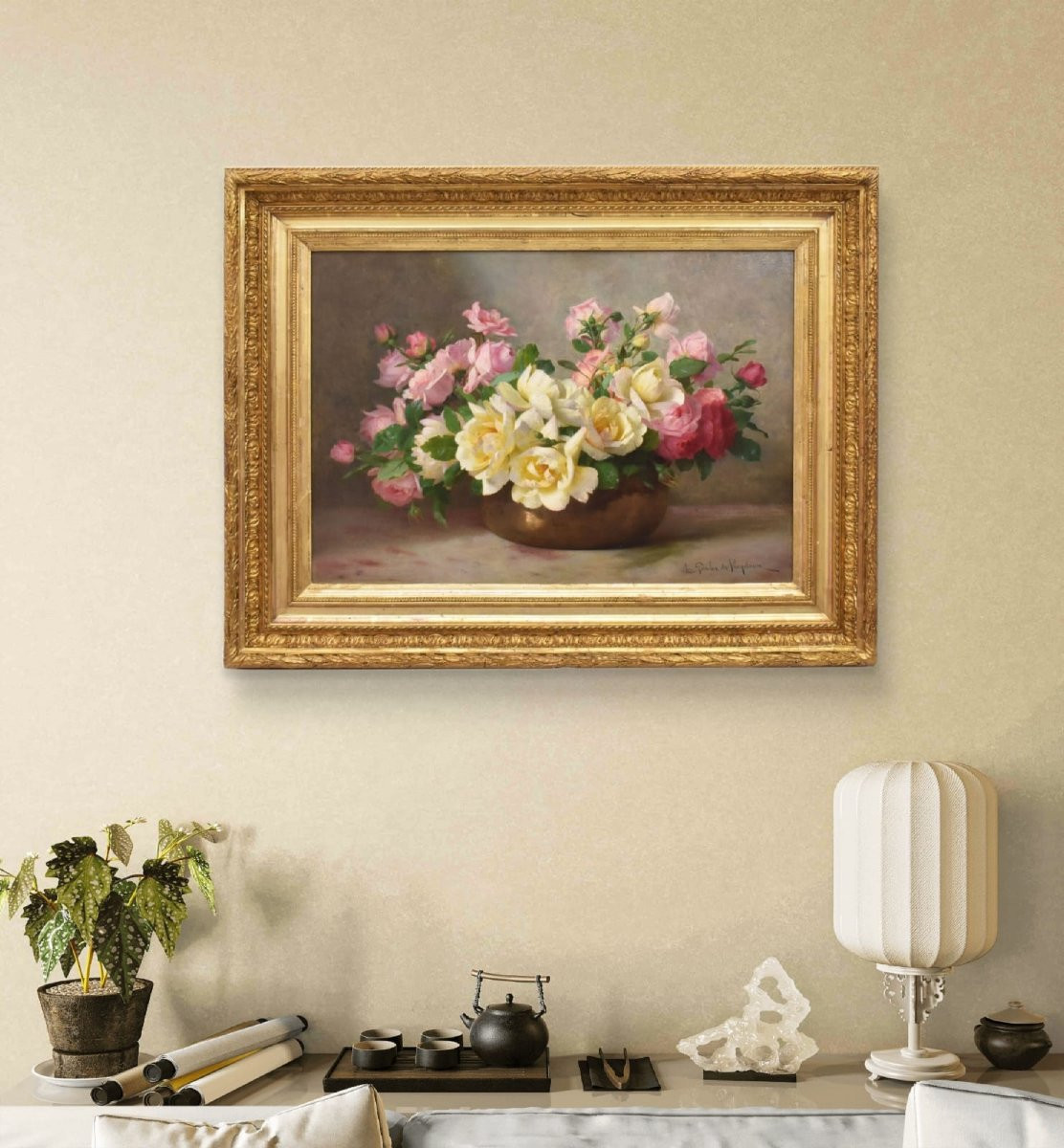 Antique Flower Painting, Still Life, Pink Roses, Oil On Canvas, 20th Century. (qf665)-photo-2