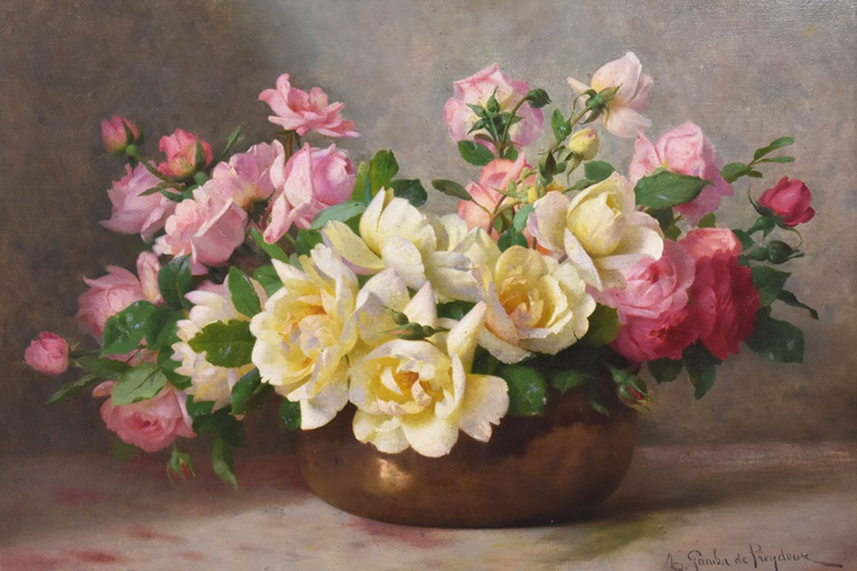 Antique Flower Painting, Still Life, Pink Roses, Oil On Canvas, 20th Century. (qf665)-photo-3