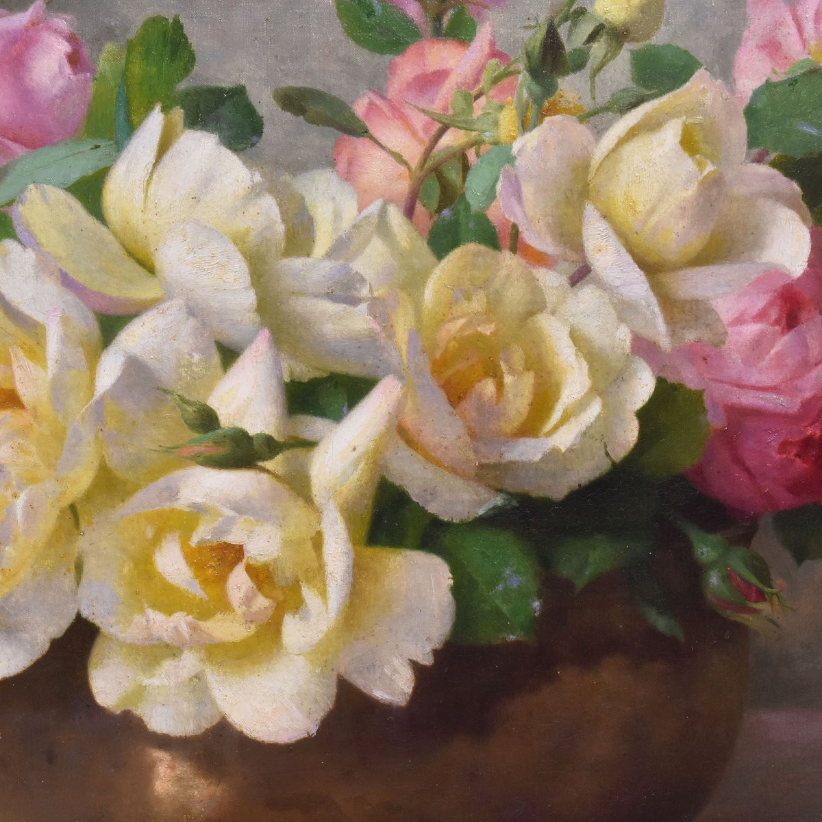 Antique Flower Painting, Still Life, Pink Roses, Oil On Canvas, 20th Century. (qf665)-photo-4