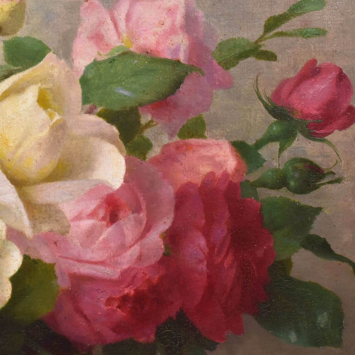 Antique Flower Painting, Still Life, Pink Roses, Oil On Canvas, 20th Century. (qf665)-photo-1