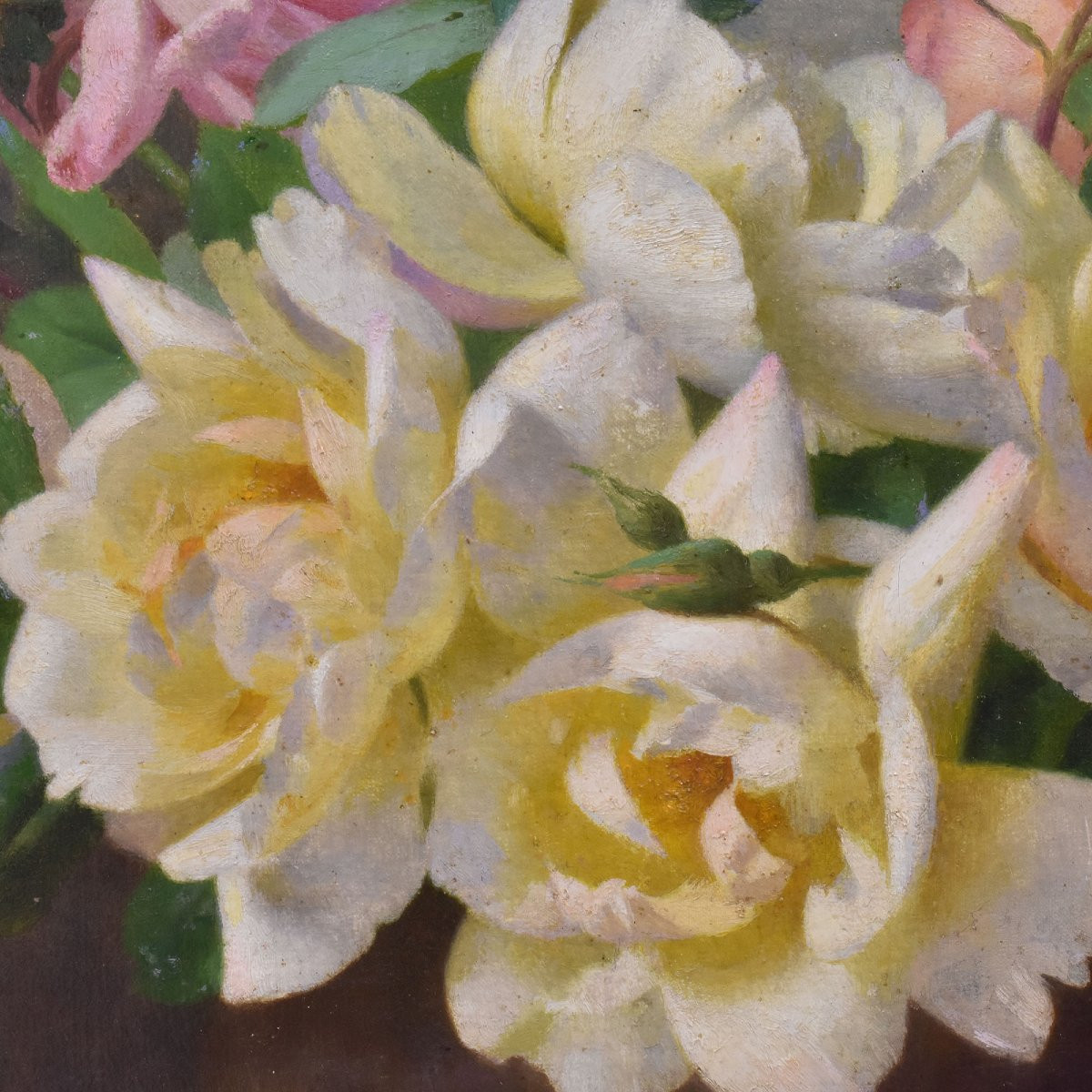 Antique Flower Painting, Still Life, Pink Roses, Oil On Canvas, 20th Century. (qf665)-photo-2