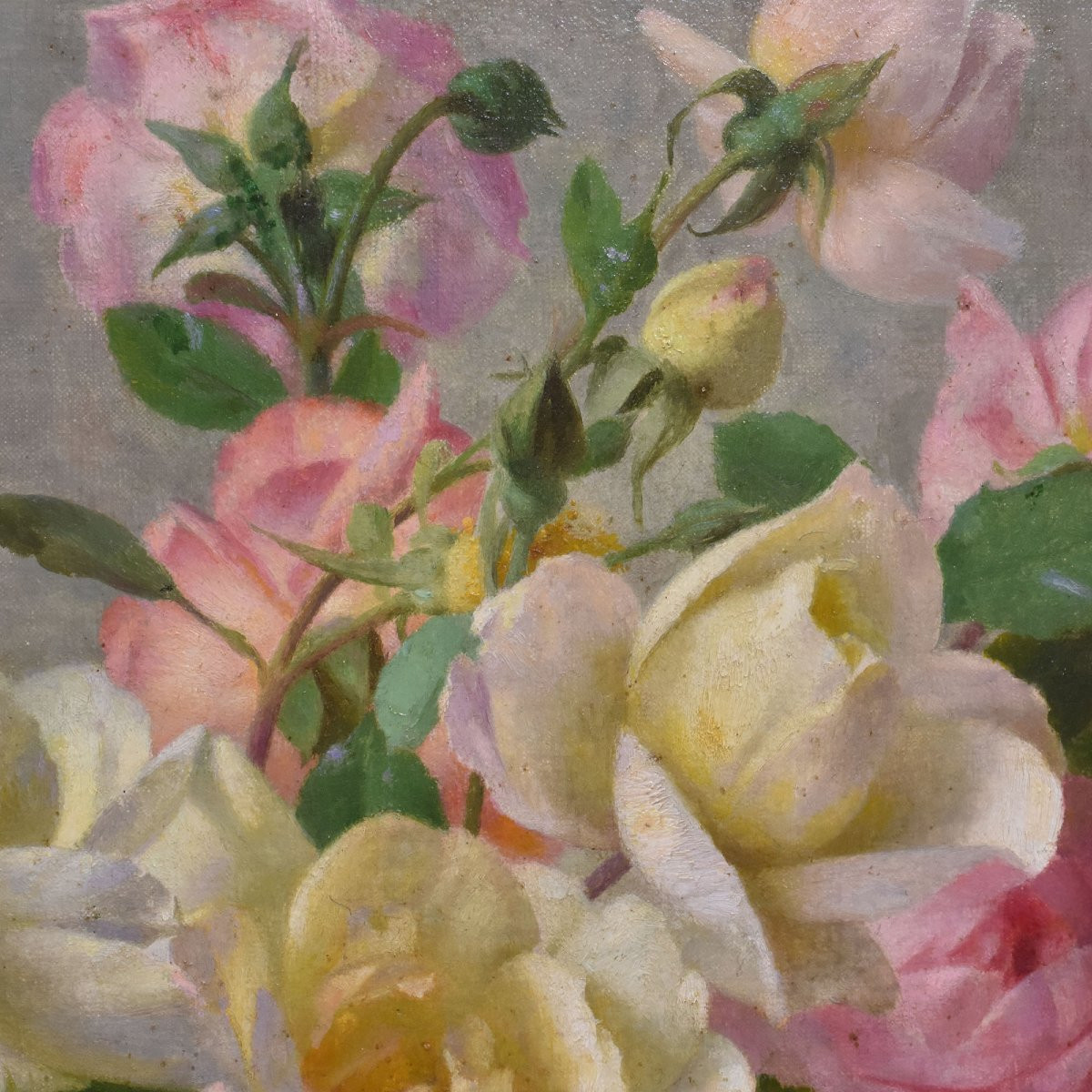 Antique Flower Painting, Still Life, Pink Roses, Oil On Canvas, 20th Century. (qf665)-photo-5