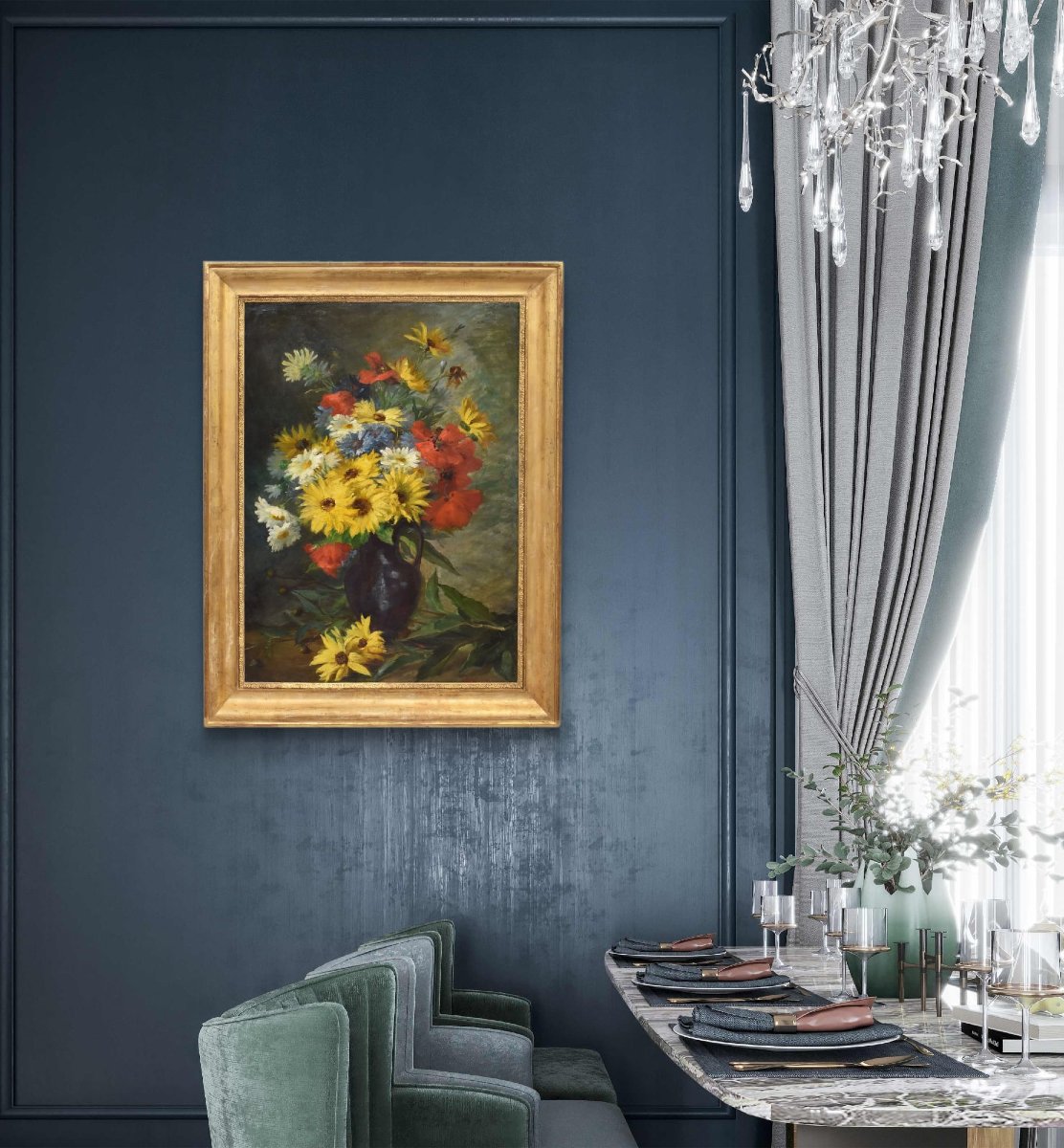 Antique Flower Painting, Daisies And Poppies Flowers, Oil On Canvas, Late 19th Century. (qf670)-photo-2