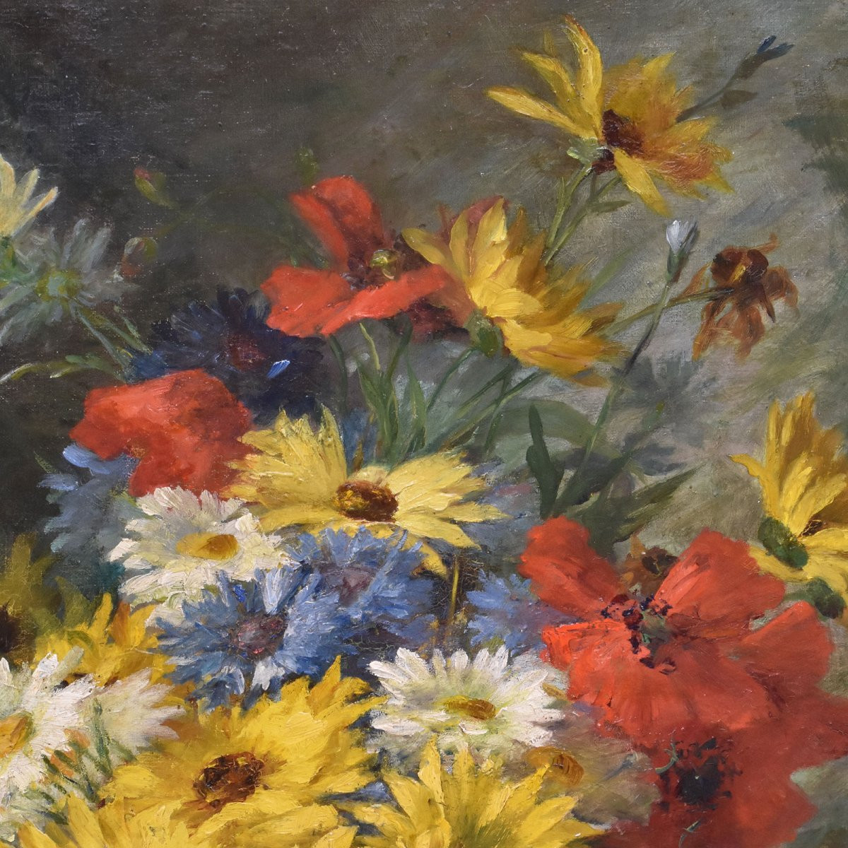 Antique Flower Painting, Daisies And Poppies Flowers, Oil On Canvas, Late 19th Century. (qf670)-photo-4