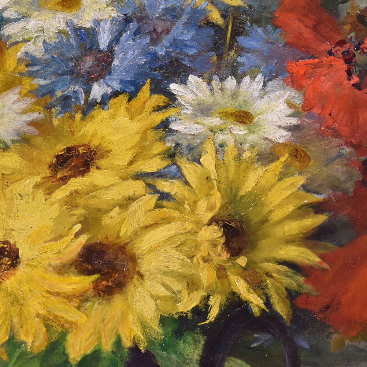 Antique Flower Painting, Daisies And Poppies Flowers, Oil On Canvas, Late 19th Century. (qf670)-photo-2
