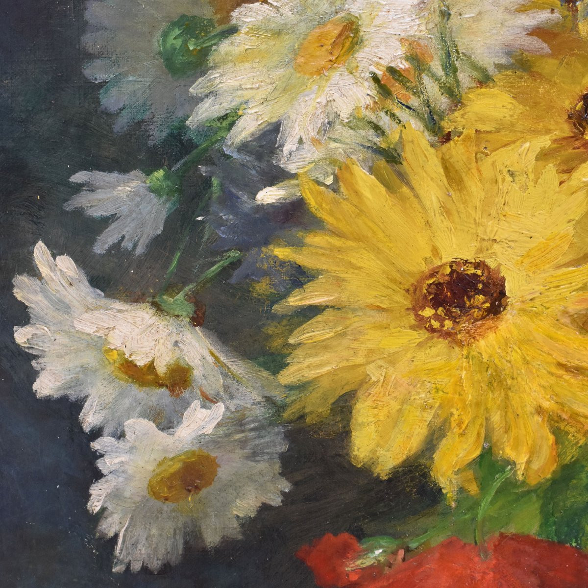 Antique Flower Painting, Daisies And Poppies Flowers, Oil On Canvas, Late 19th Century. (qf670)-photo-3