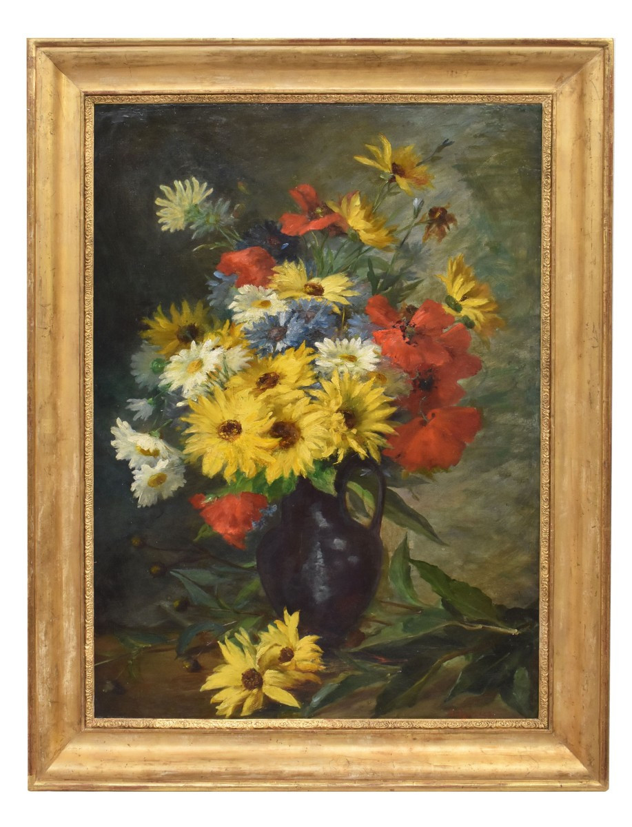 Antique Flower Painting, Daisies And Poppies Flowers, Oil On Canvas, Late 19th Century. (qf670)