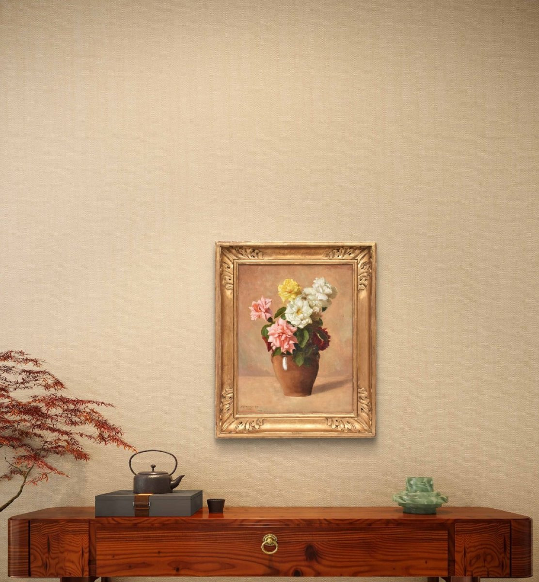 Tableau Ancien Fleurs, Dronsart, Peinture Fleurs, Roses Blanches Et Roses, Art Deco. (QF668)-photo-2