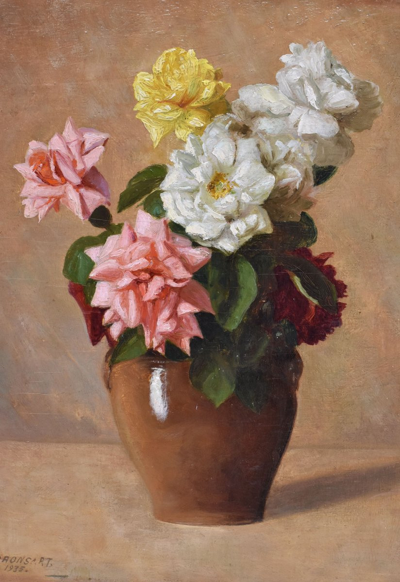 Tableau Ancien Fleurs, Dronsart, Peinture Fleurs, Roses Blanches Et Roses, Art Deco. (QF668)-photo-3
