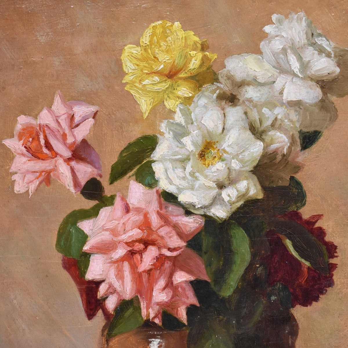 Tableau Ancien Fleurs, Dronsart, Peinture Fleurs, Roses Blanches Et Roses, Art Deco. (QF668)-photo-4