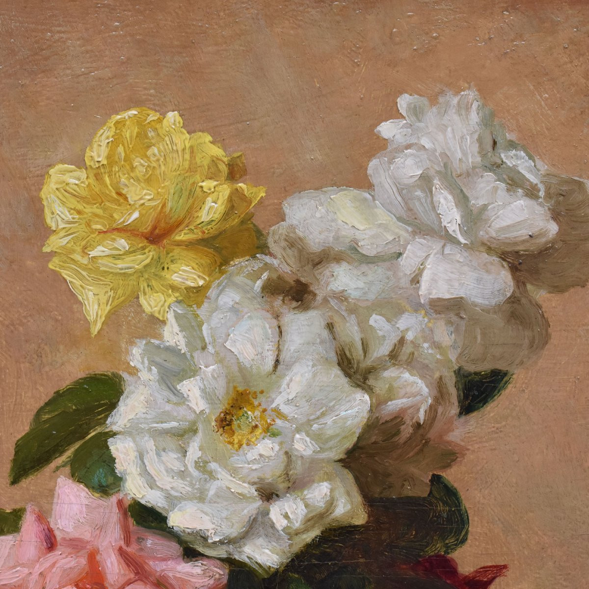 Tableau Ancien Fleurs, Dronsart, Peinture Fleurs, Roses Blanches Et Roses, Art Deco. (QF668)-photo-2