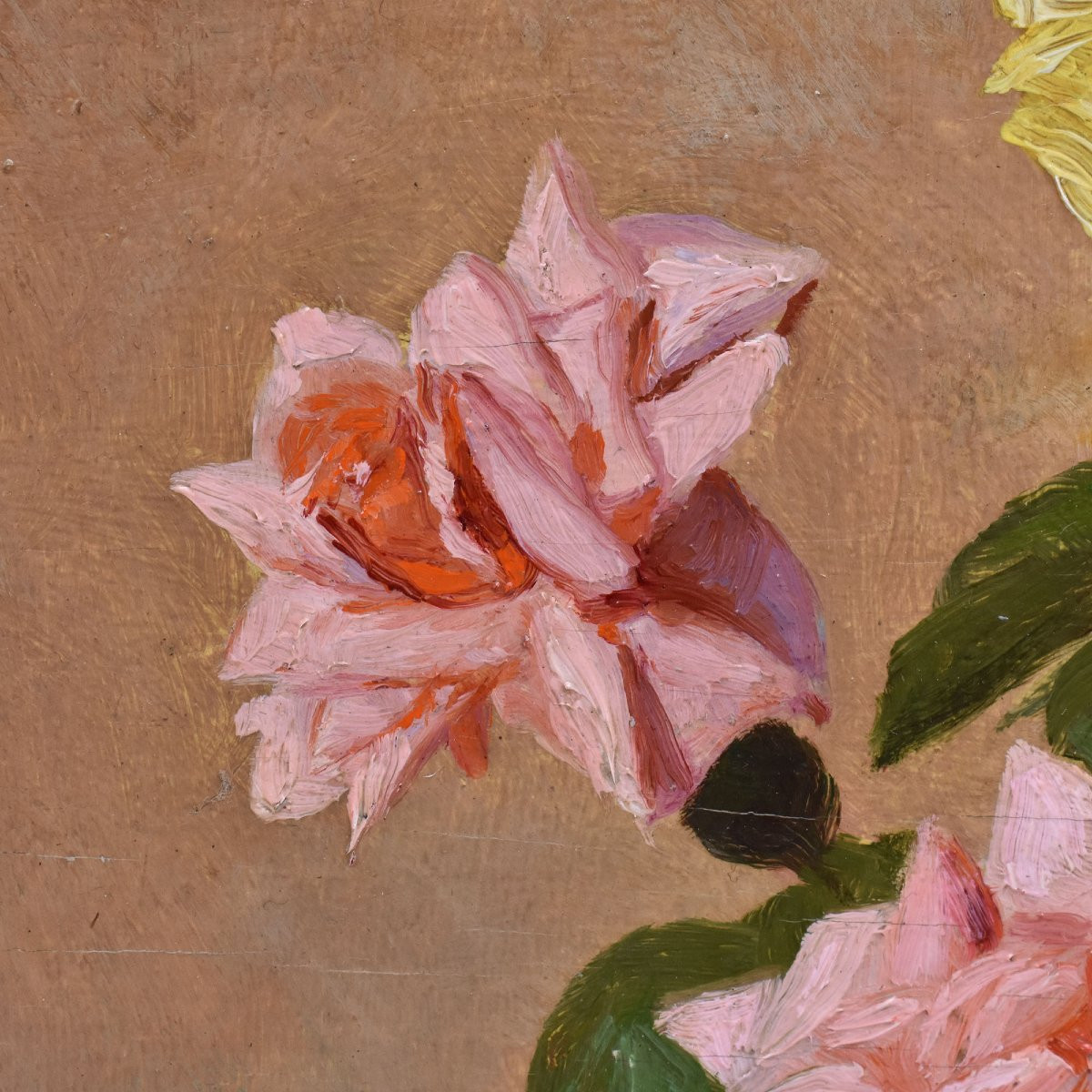 Tableau Ancien Fleurs, Dronsart, Peinture Fleurs, Roses Blanches Et Roses, Art Deco. (QF668)-photo-3