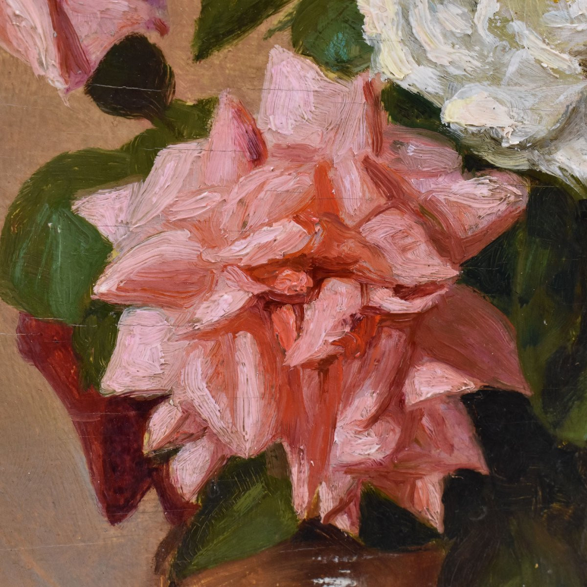 Tableau Ancien Fleurs, Dronsart, Peinture Fleurs, Roses Blanches Et Roses, Art Deco. (QF668)-photo-4