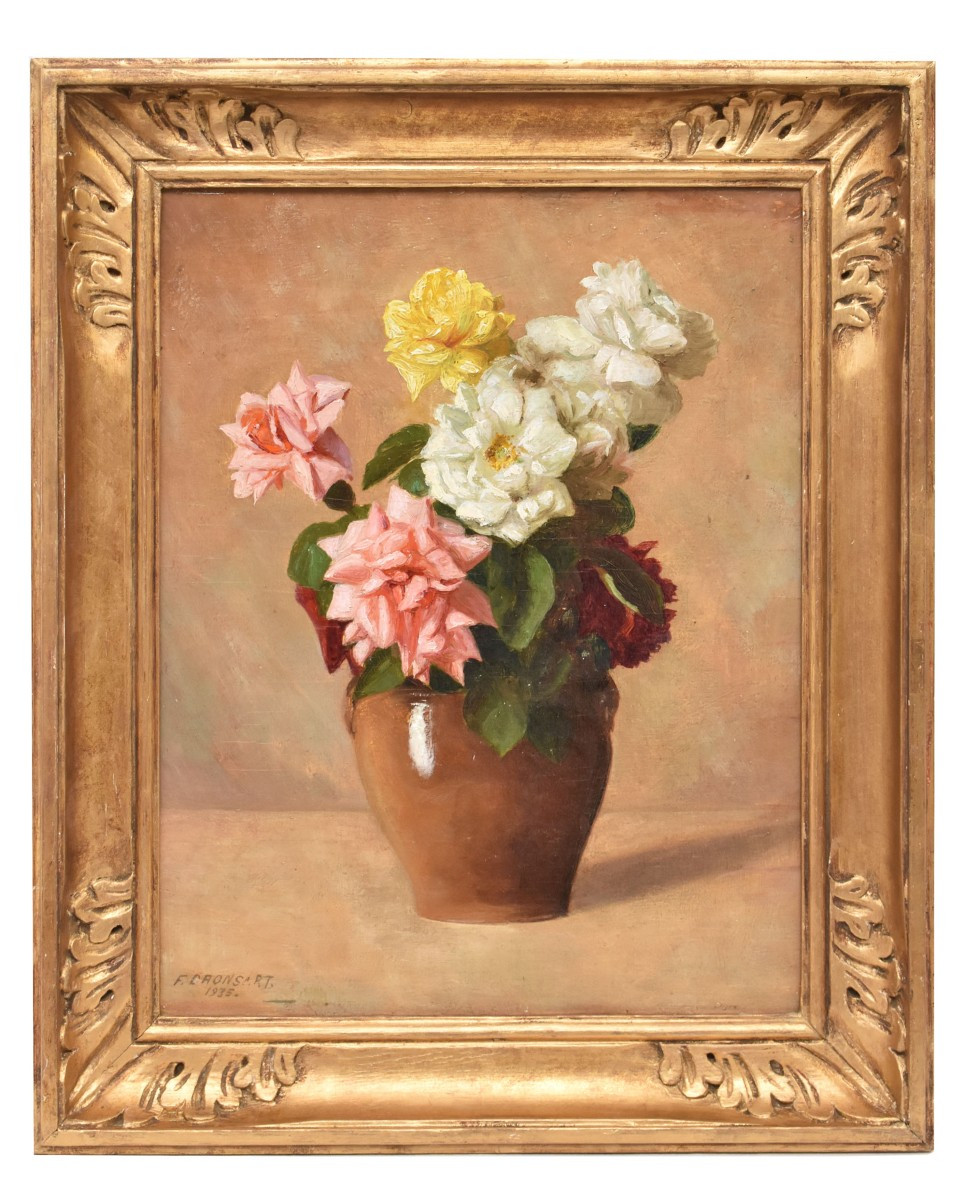 Tableau Ancien Fleurs, Dronsart, Peinture Fleurs, Roses Blanches Et Roses, Art Deco. (QF668)