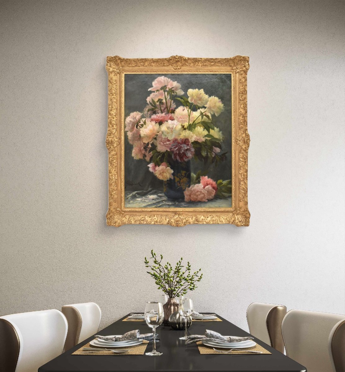 Antique Flower Painting, Peonies Flowers, Oil On Canvas, 19th Century. (qf673)-photo-2