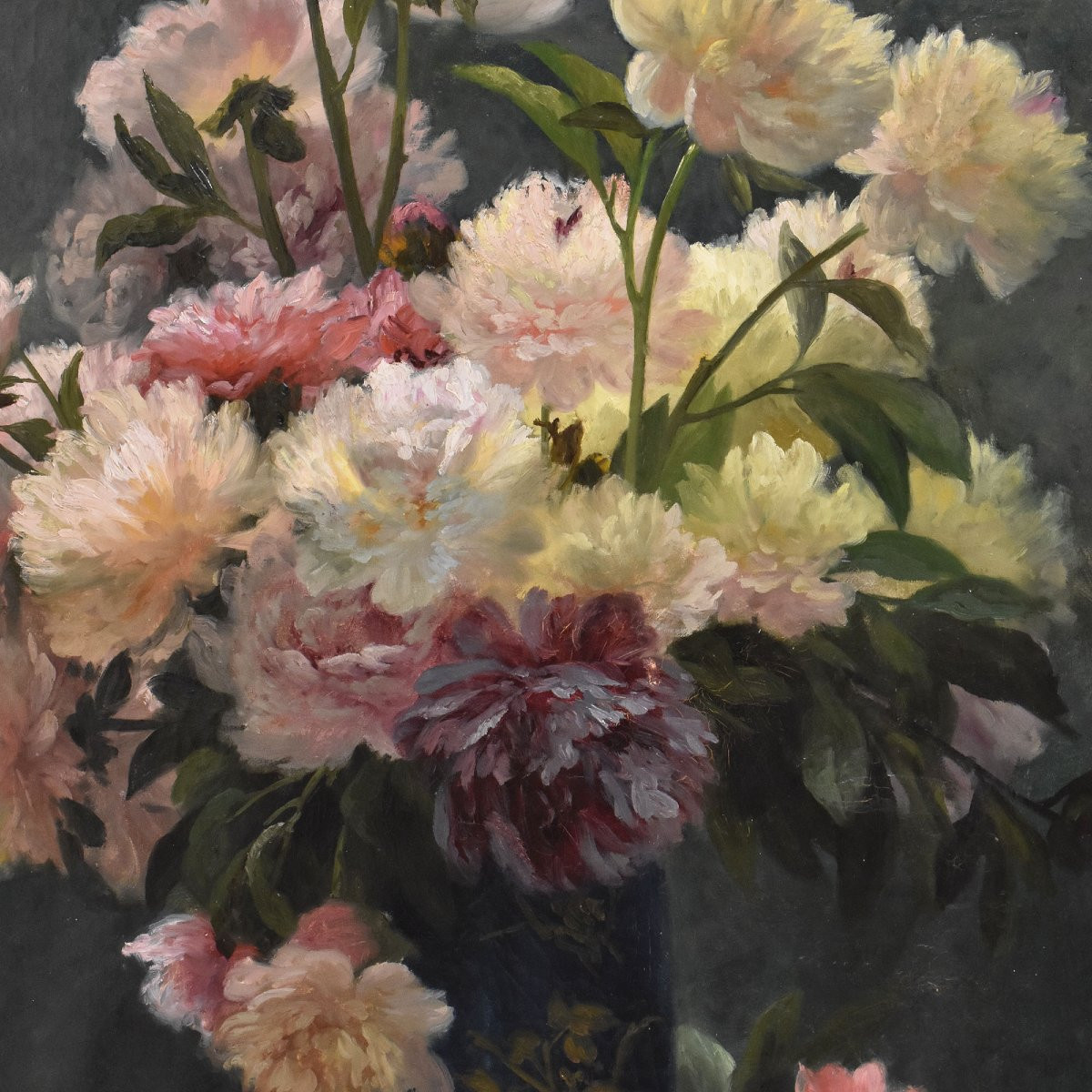 Antique Flower Painting, Peonies Flowers, Oil On Canvas, 19th Century. (qf673)-photo-4