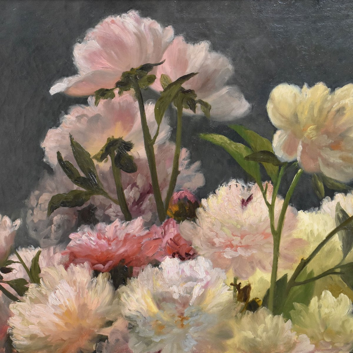Antique Flower Painting, Peonies Flowers, Oil On Canvas, 19th Century. (qf673)-photo-1