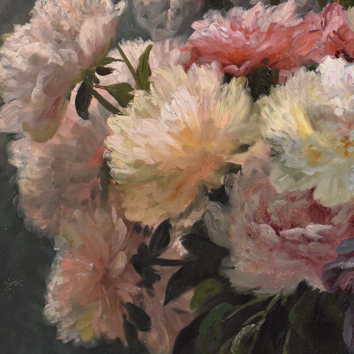 Antique Flower Painting, Peonies Flowers, Oil On Canvas, 19th Century. (qf673)-photo-2