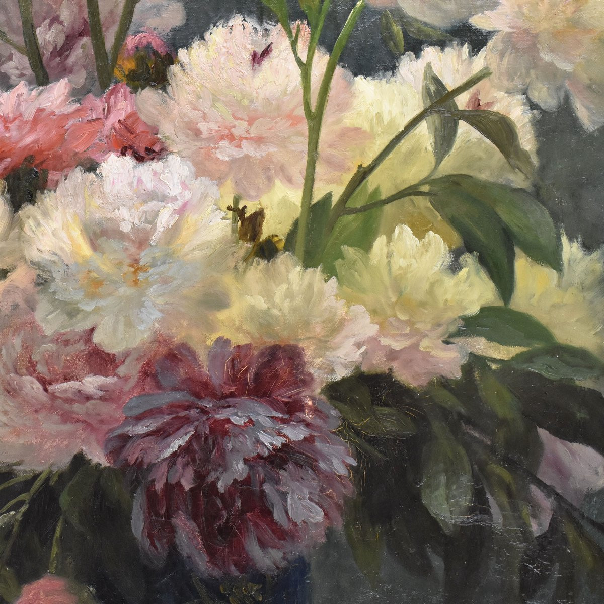 Antique Flower Painting, Peonies Flowers, Oil On Canvas, 19th Century. (qf673)-photo-3