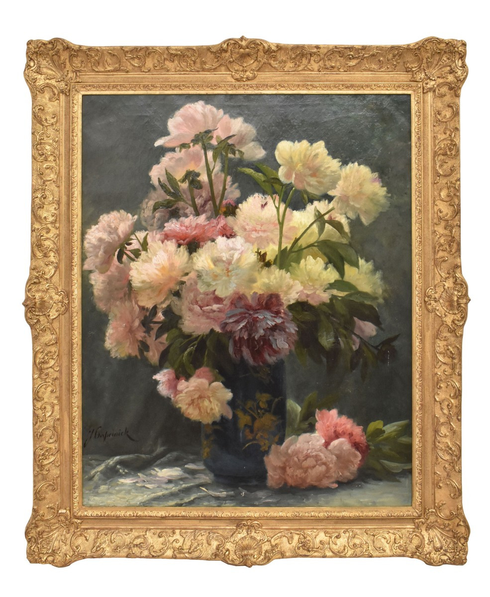 Antique Flower Painting, Peonies Flowers, Oil On Canvas, 19th Century. (qf673)