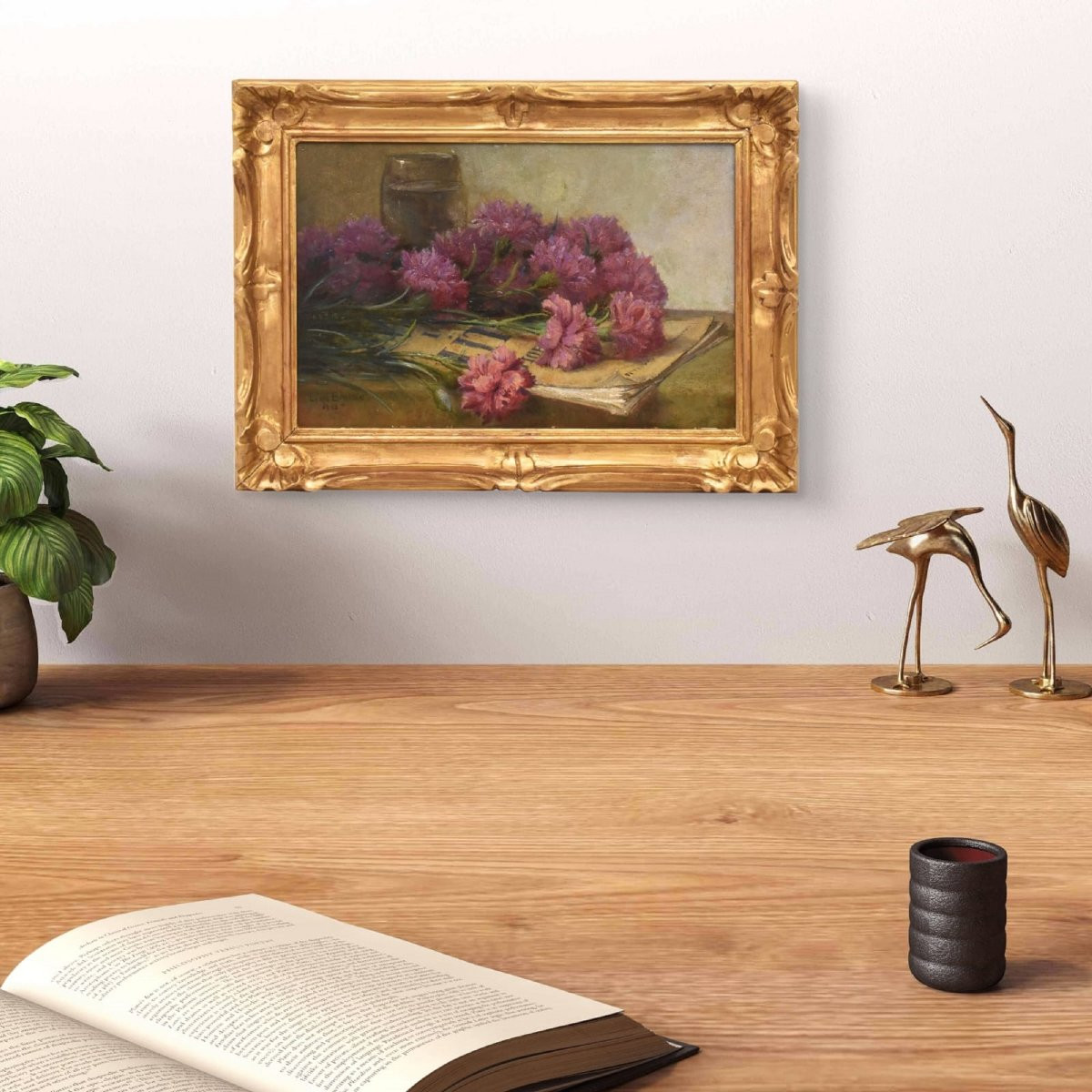 Art Deco, Louis Félix Bigaux, Peinture Fleurs, Œillets Roses, XXè Siècle. (QF671)-photo-2