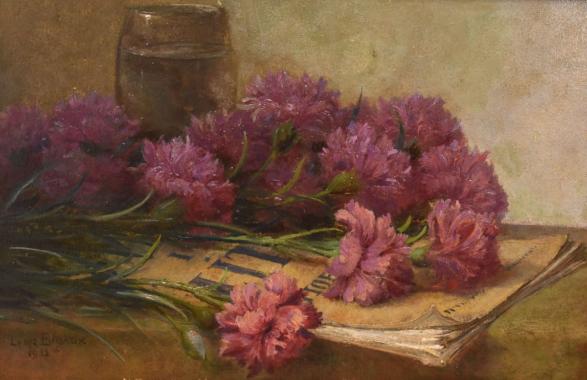  Art Deco, Louis Félix Bigaux, Peinture Fleurs, Œillets Roses, XXè Siècle. (QF671)-photo-3