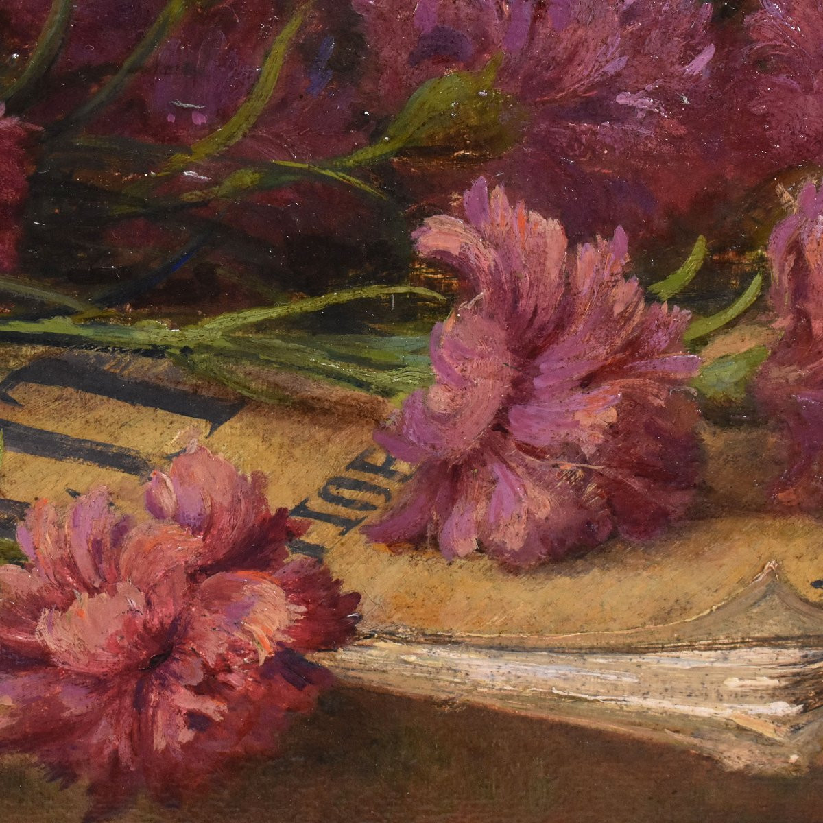  Art Deco, Louis Félix Bigaux, Peinture Fleurs, Œillets Roses, XXè Siècle. (QF671)-photo-1