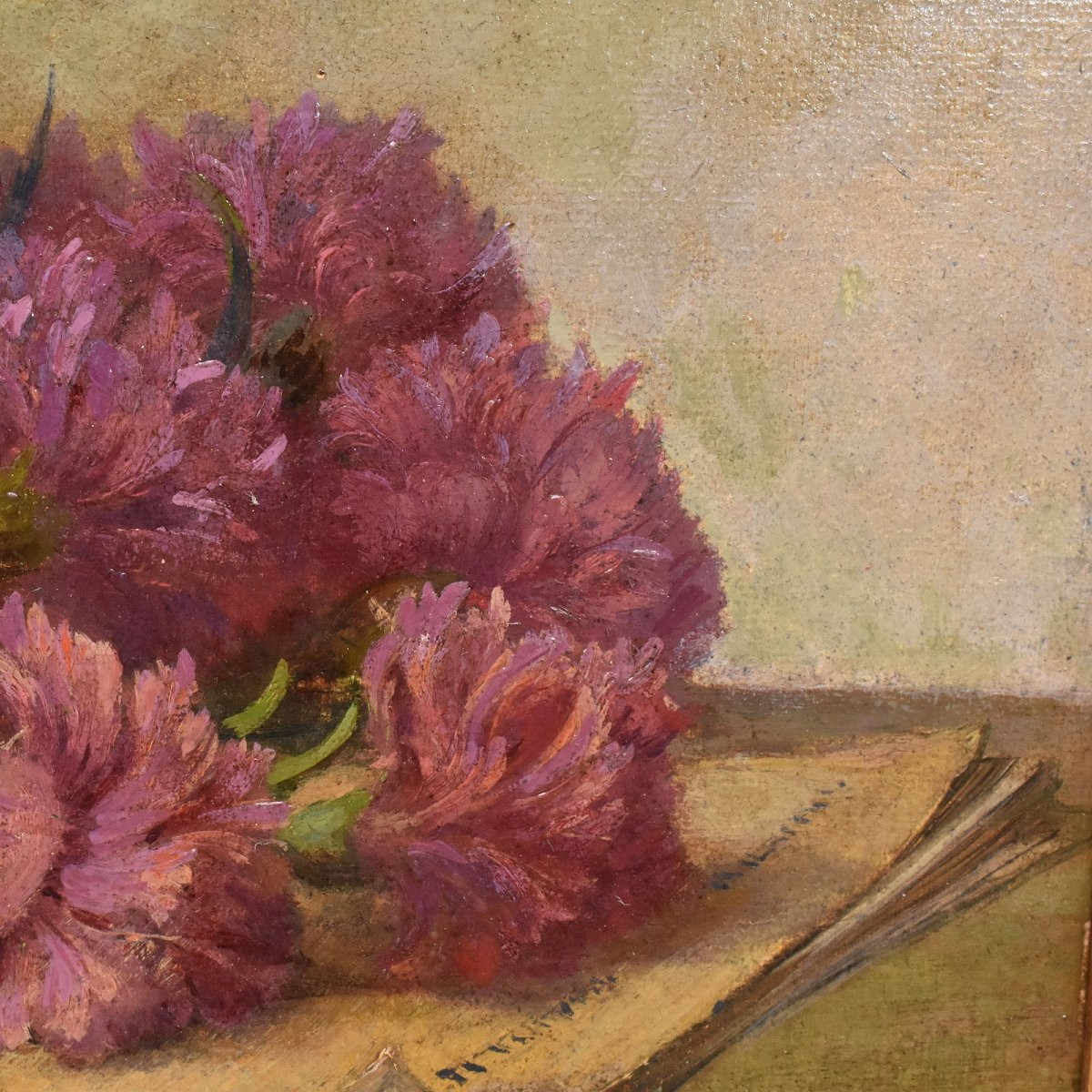  Art Deco, Louis Félix Bigaux, Peinture Fleurs, Œillets Roses, XXè Siècle. (QF671)-photo-2