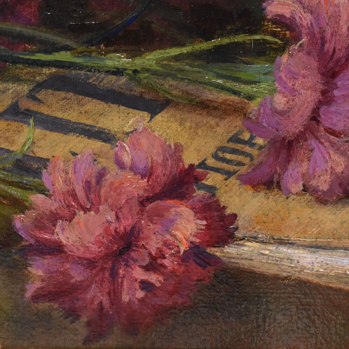  Art Deco, Louis Félix Bigaux, Peinture Fleurs, Œillets Roses, XXè Siècle. (QF671)-photo-3