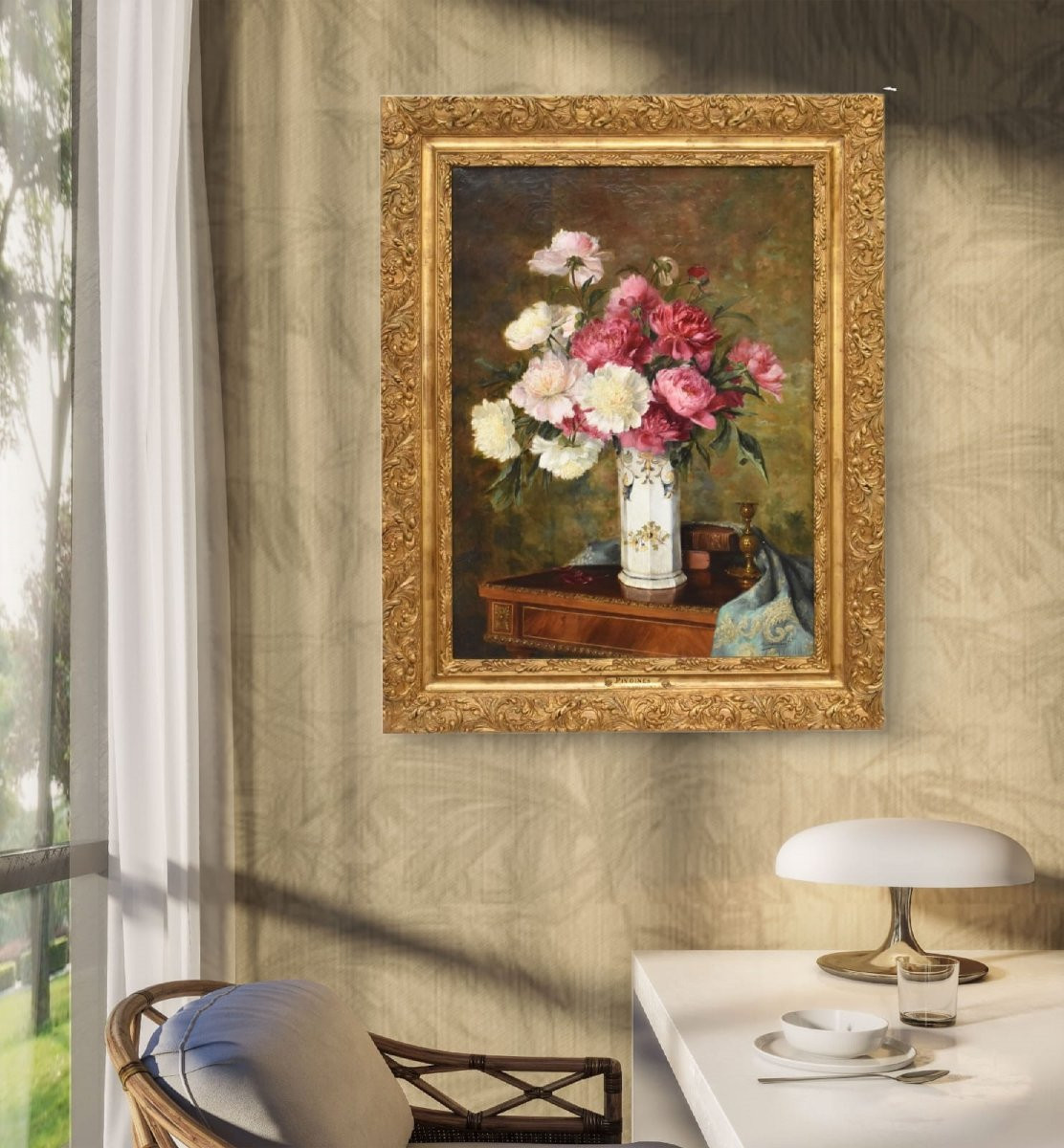 Tableaux Anciens, Nature Morte Aux Pivoines Et Livres, Huile Sur Toile, Fin Du XIX. (QF672)-photo-2