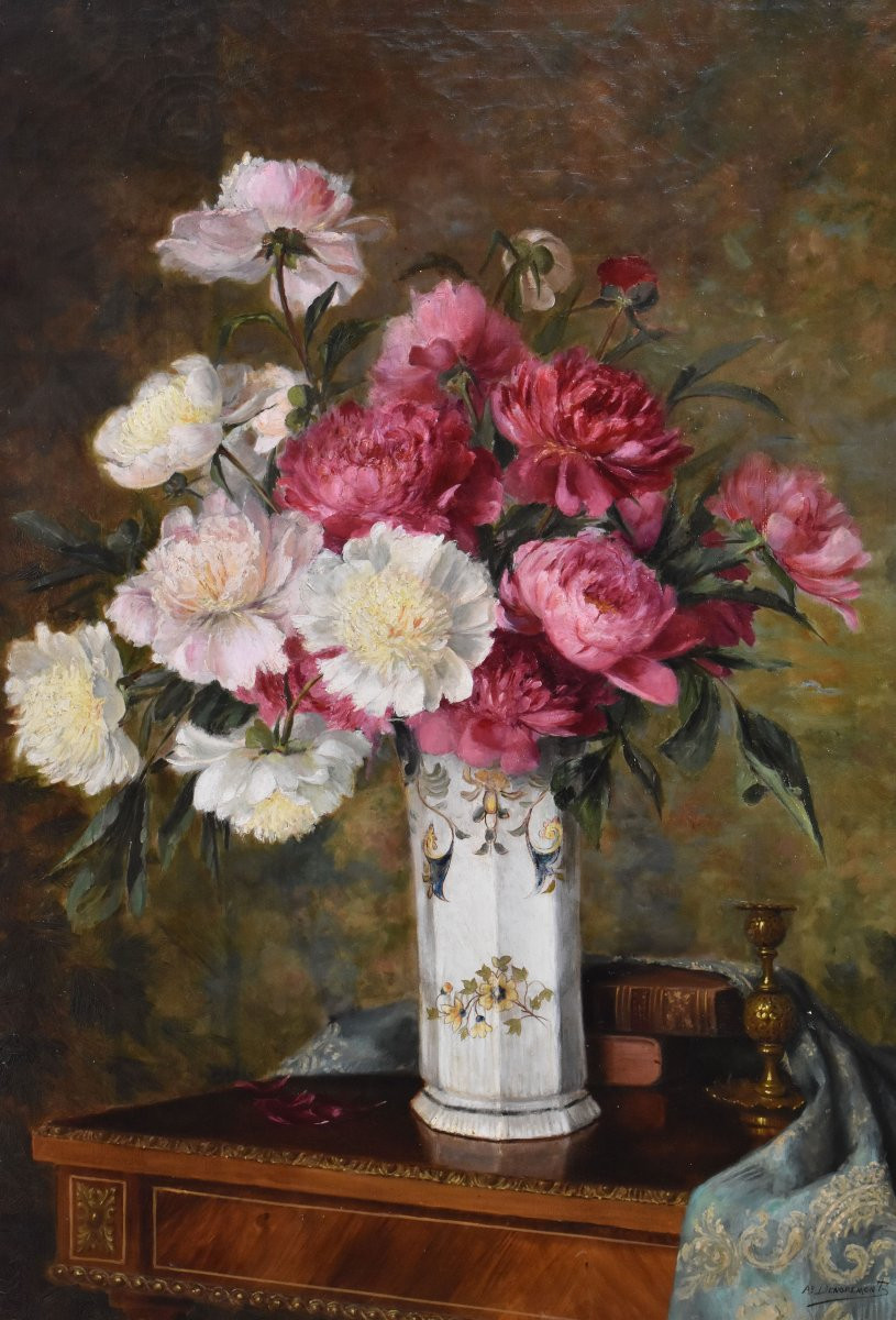 Tableaux Anciens, Nature Morte Aux Pivoines Et Livres, Huile Sur Toile, Fin Du XIX. (QF672)-photo-3