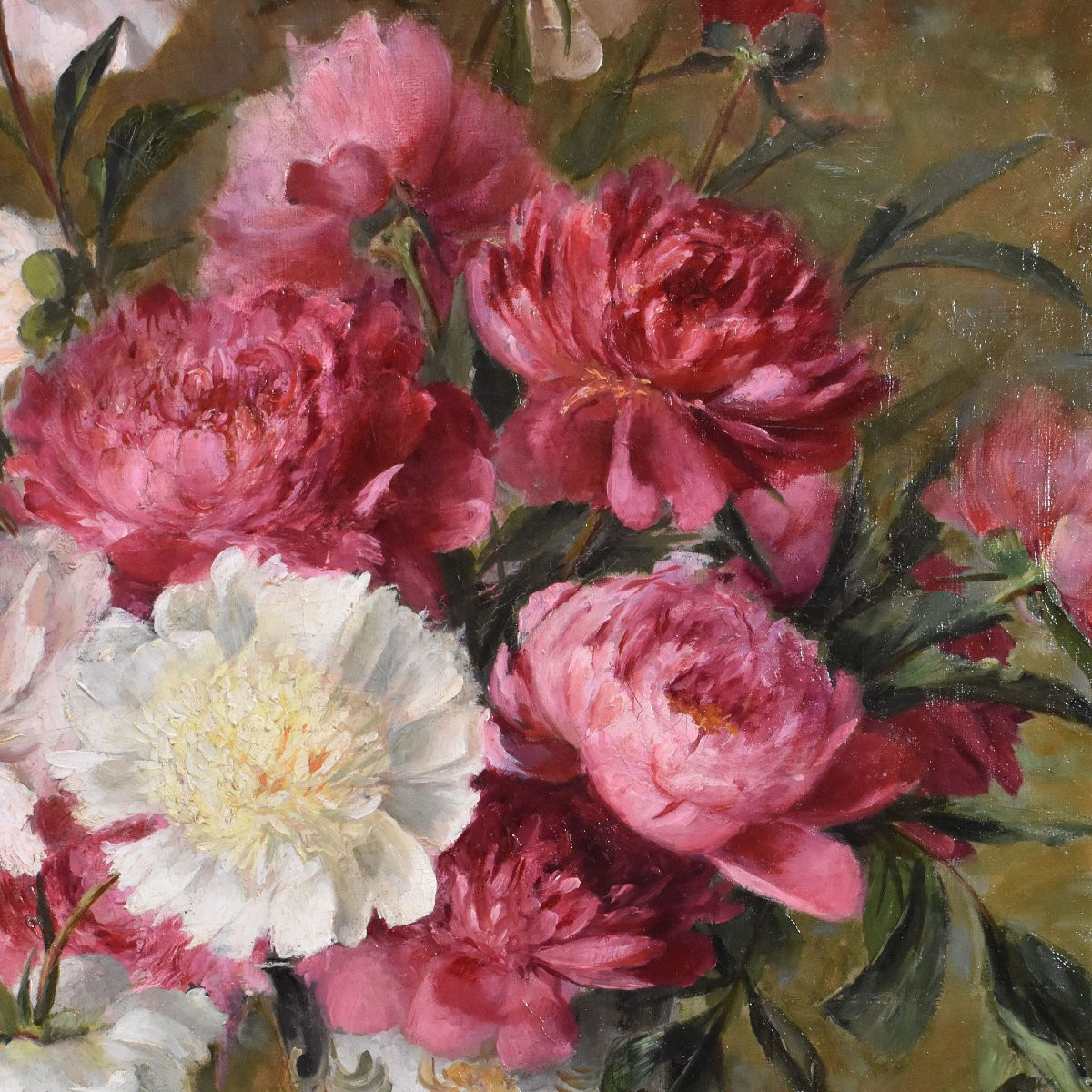 Tableaux Anciens, Nature Morte Aux Pivoines Et Livres, Huile Sur Toile, Fin Du XIX. (QF672)-photo-4