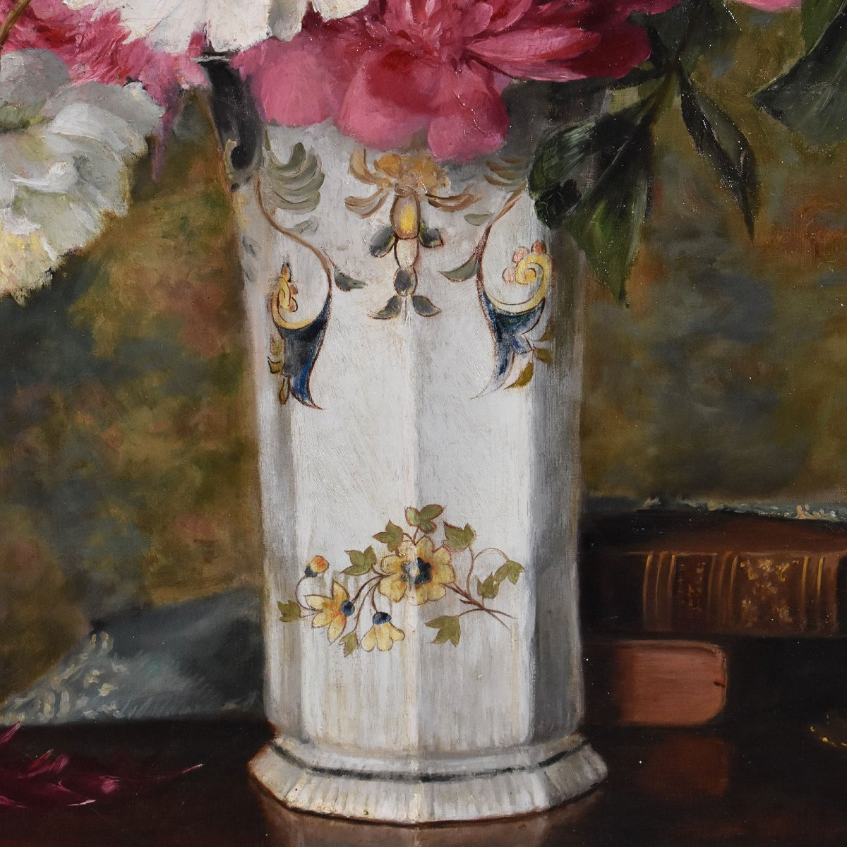 Tableaux Anciens, Nature Morte Aux Pivoines Et Livres, Huile Sur Toile, Fin Du XIX. (QF672)-photo-1
