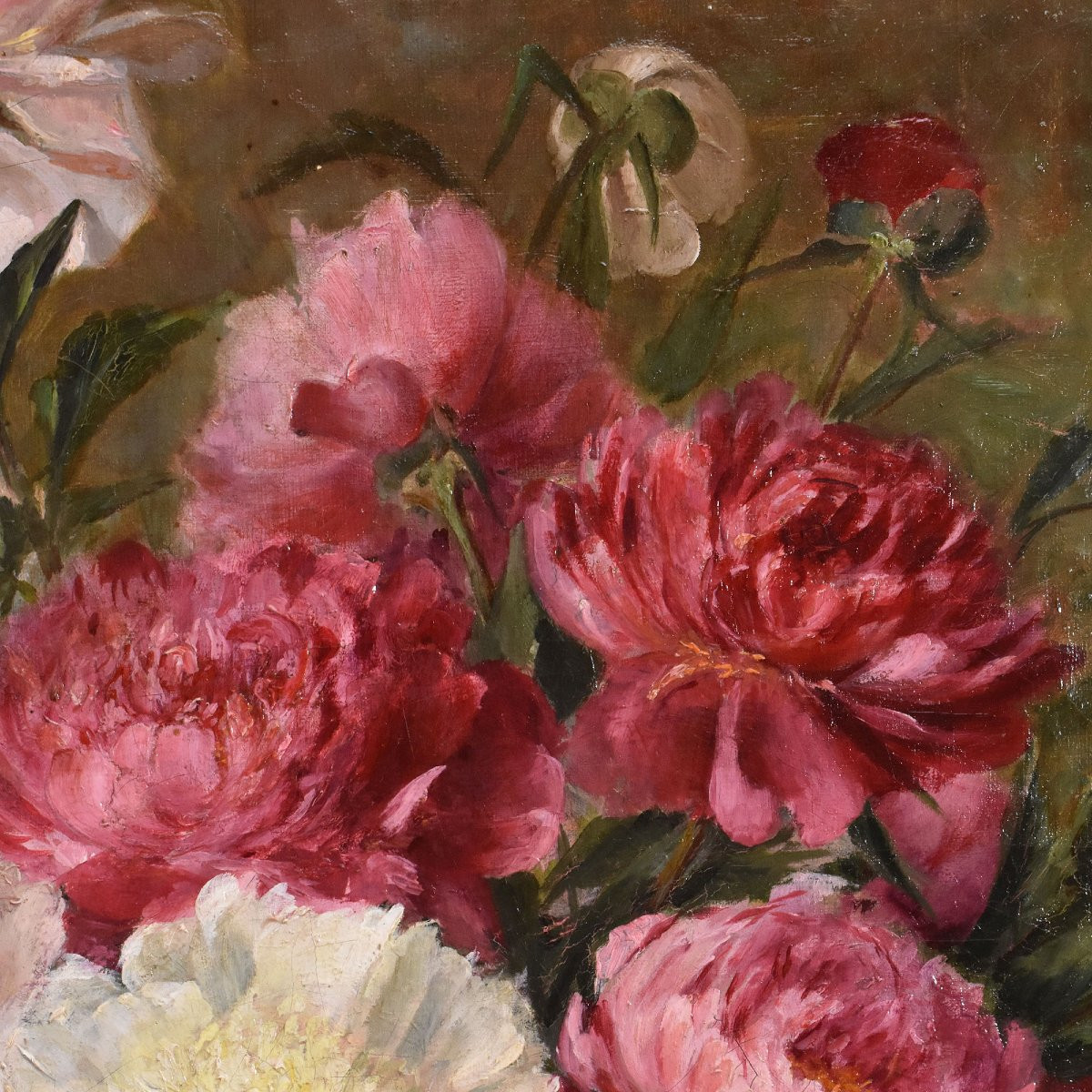 Tableaux Anciens, Nature Morte Aux Pivoines Et Livres, Huile Sur Toile, Fin Du XIX. (QF672)-photo-2