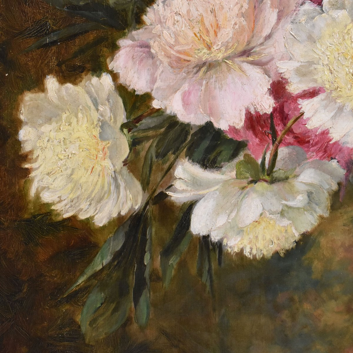 Tableaux Anciens, Nature Morte Aux Pivoines Et Livres, Huile Sur Toile, Fin Du XIX. (QF672)-photo-3