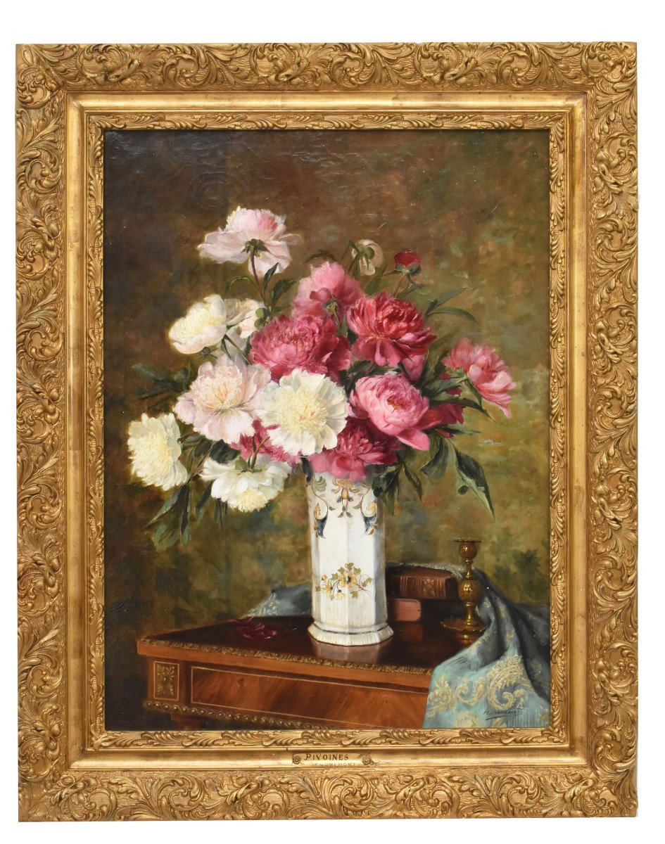Tableaux Anciens, Nature Morte Aux Pivoines Et Livres, Huile Sur Toile, Fin Du XIX. (QF672)