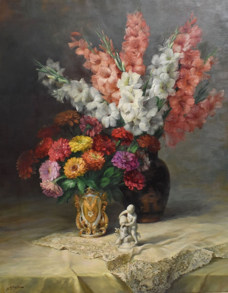 Tableau Ancien, Julien Stappers, Nature Morte, Iris Et Gerberas, Huile Sur Toile. (QF674)-photo-3