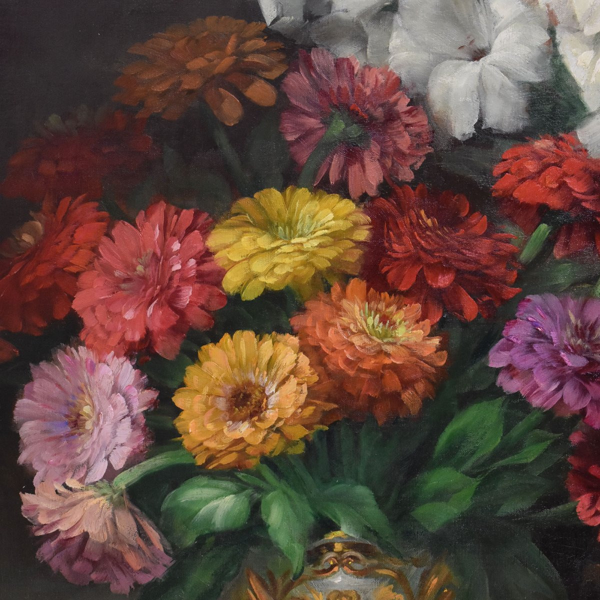 Tableau Ancien, Julien Stappers, Nature Morte, Iris Et Gerberas, Huile Sur Toile. (QF674)-photo-2