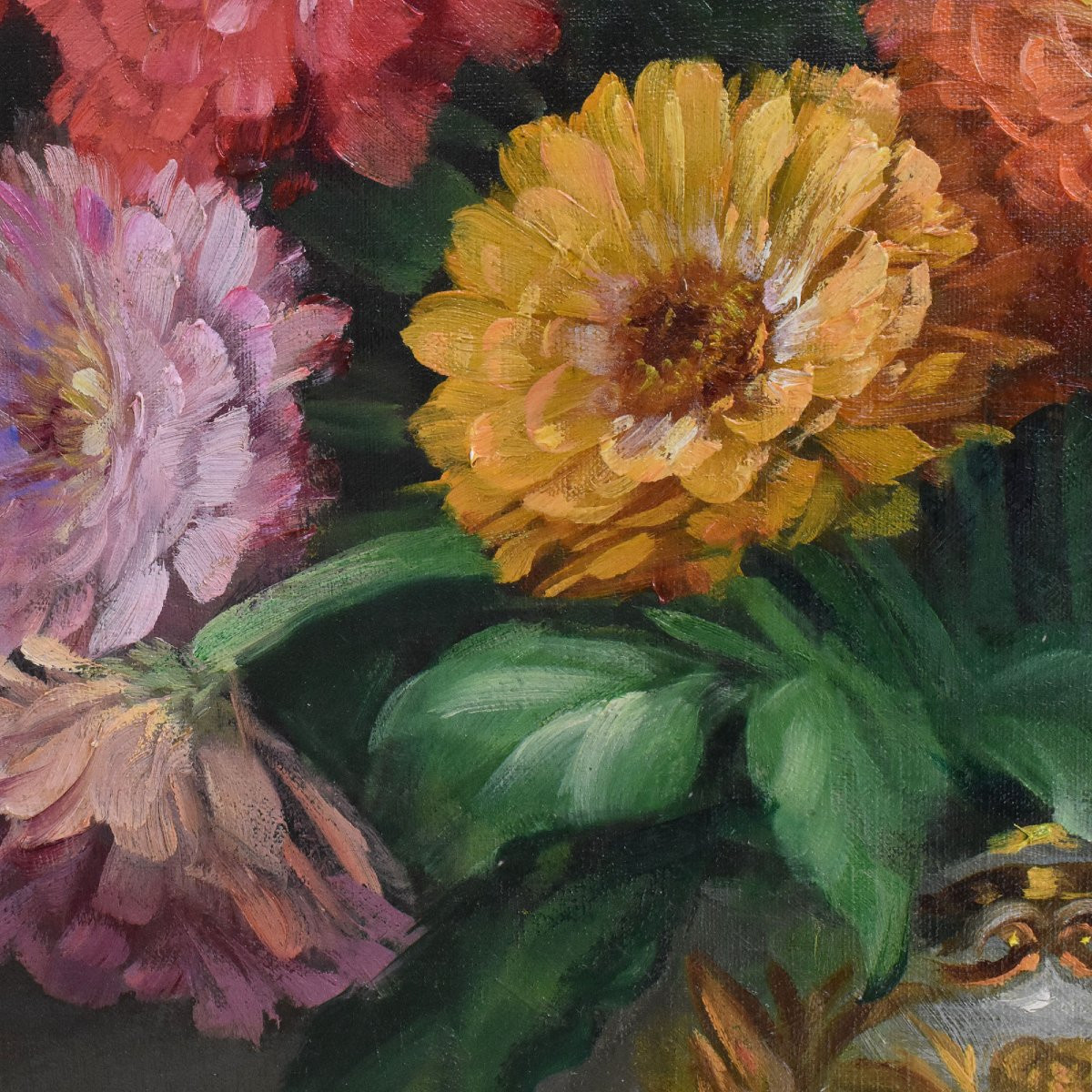 Tableau Ancien, Julien Stappers, Nature Morte, Iris Et Gerberas, Huile Sur Toile. (QF674)-photo-4