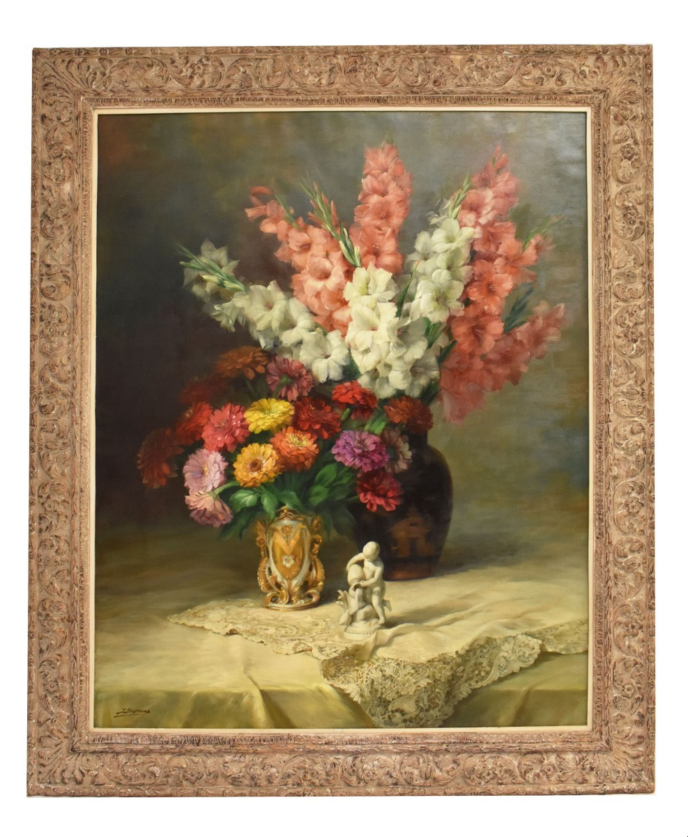 Tableau Ancien, Julien Stappers, Nature Morte, Iris Et Gerberas, Huile Sur Toile. (QF674)
