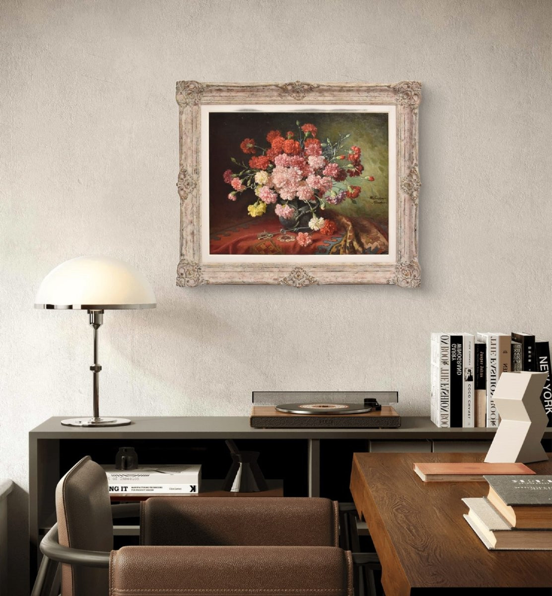 Antique Still Life Painting, Flowers Painting, Red Carnations, Oil On Canvas. (qf676)-photo-2