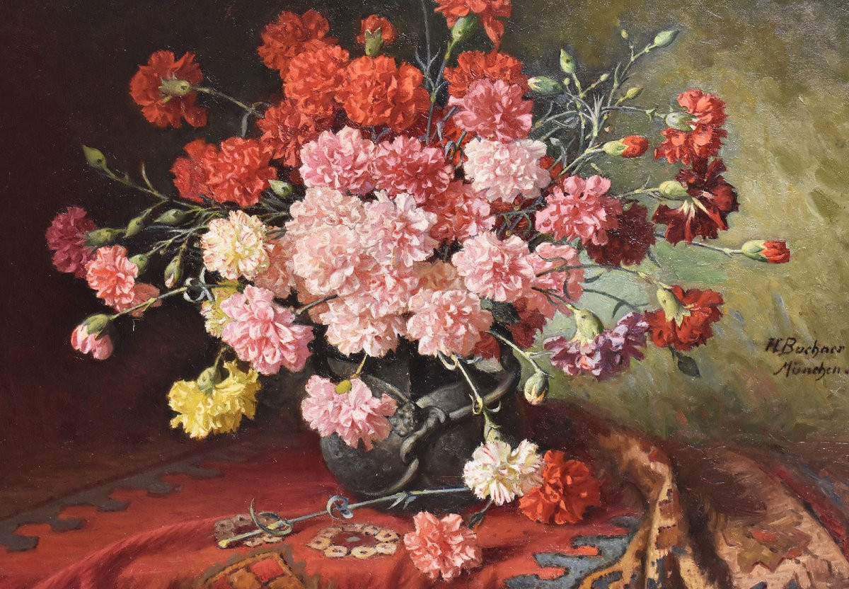 Antique Still Life Painting, Flowers Painting, Red Carnations, Oil On Canvas. (qf676)-photo-3