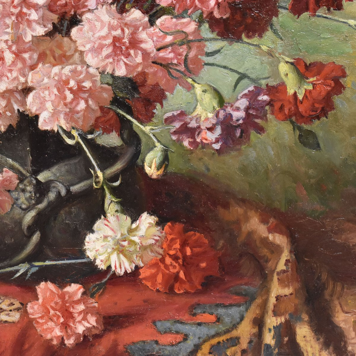 Antique Still Life Painting, Flowers Painting, Red Carnations, Oil On Canvas. (qf676)-photo-1